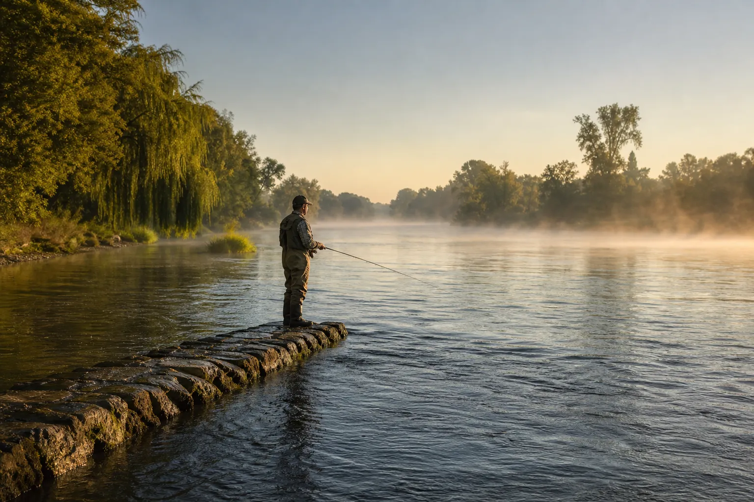 Angler steht auf einer Buhne am Fluss beim Angeln im Morgenlicht