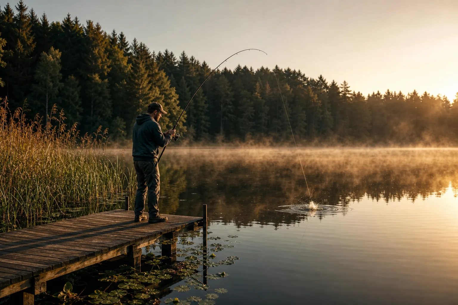 Angler am See bei Sonnenaufgang mit gebogener Rute am Bootssteg