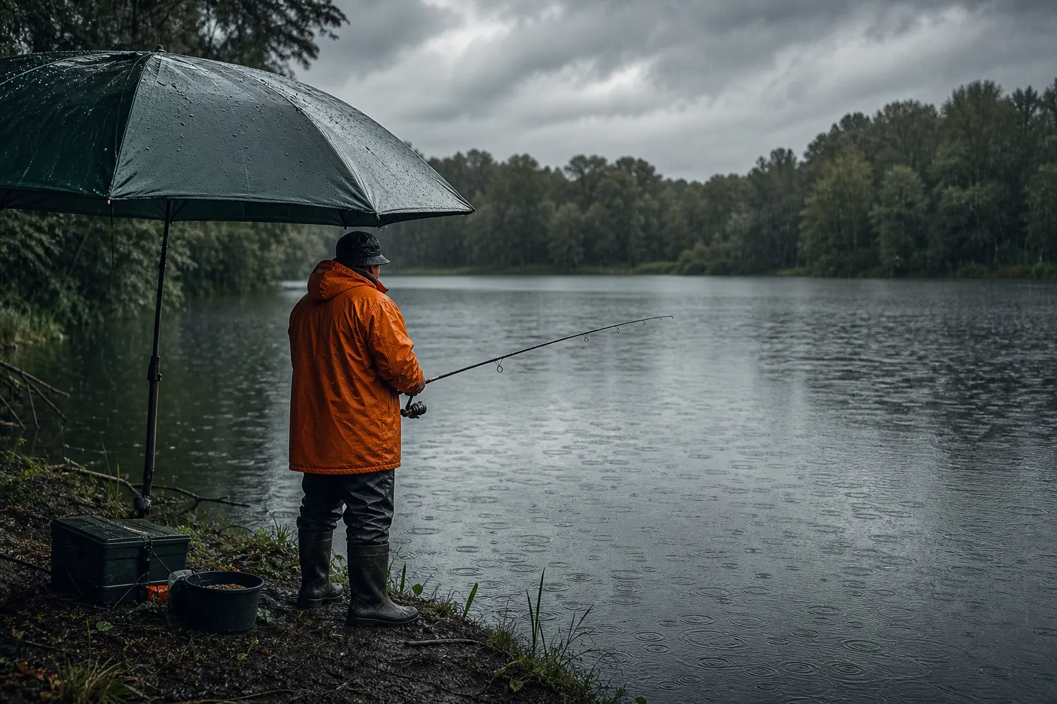 Angler mit Regenjacke und Angelschirm beim Schlechtwetterangeln am See