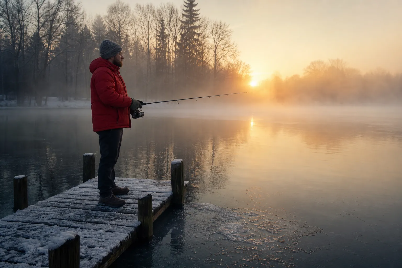 Angler im Winter am zugefrorenen See mit Angelrute und Winterbekleidung
