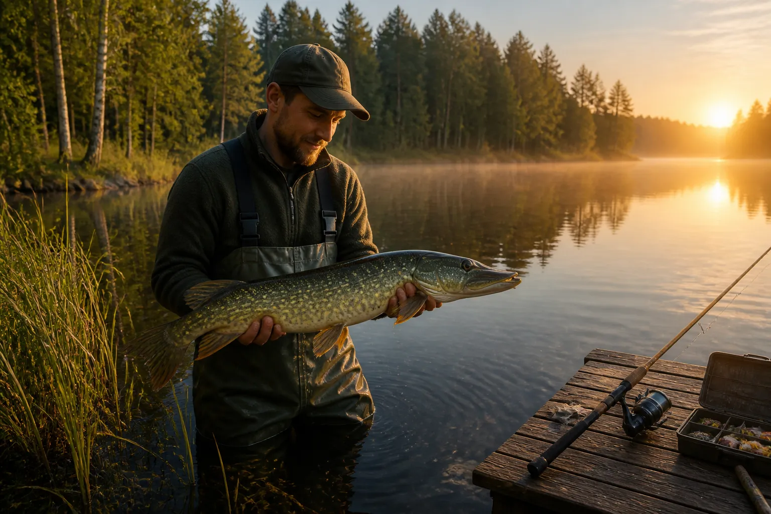 Angler hält einen frisch gefangenen Hecht an einem schwedischen See bei Morgenlicht