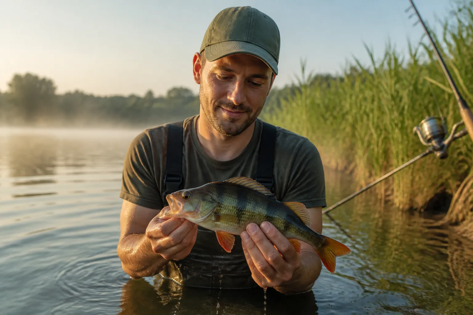 Angler hält einen frisch gefangenen Flussbarsch bei sommerlichen Bedingungen an einem europäischen See in den Händen