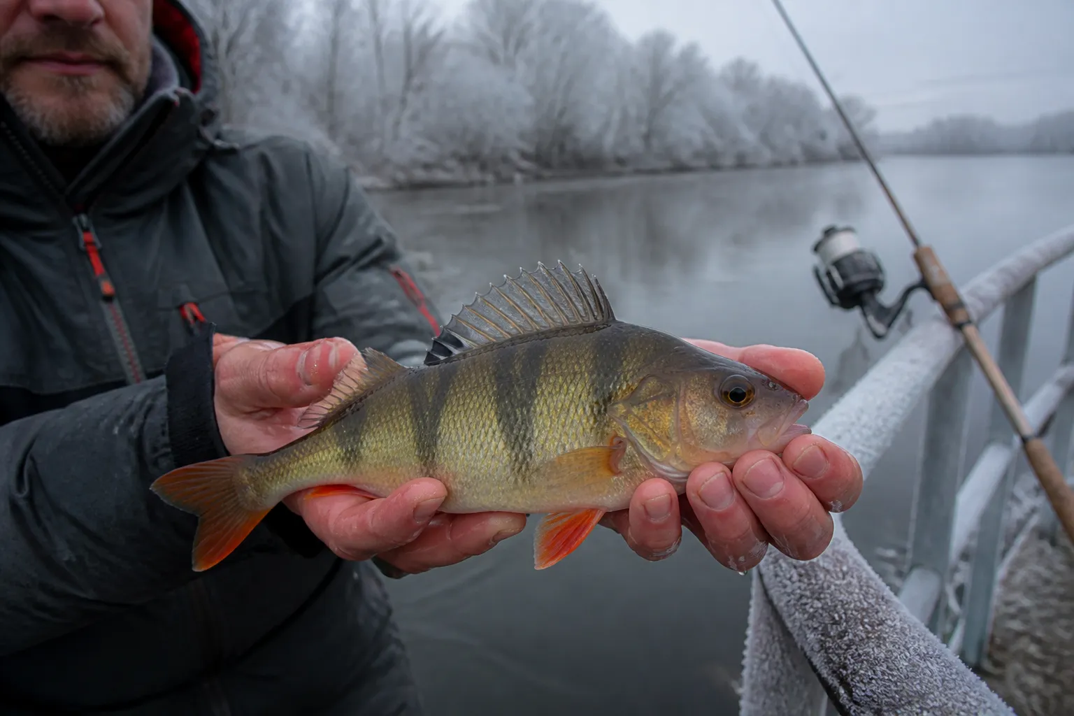 Angler hält einen frisch gefangenen Flussbarsch an einem verschneiten Flussufer im Winter