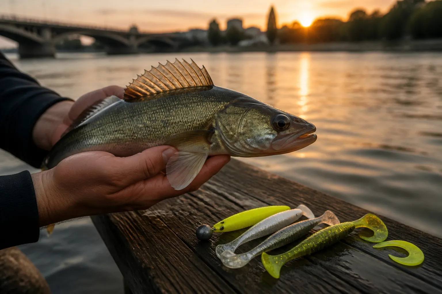 Frisch gefangener Zander in Anglerhänden über dem Wasser, daneben verschiedene Gummifische in Chartreuse und Weiß auf einem Steg