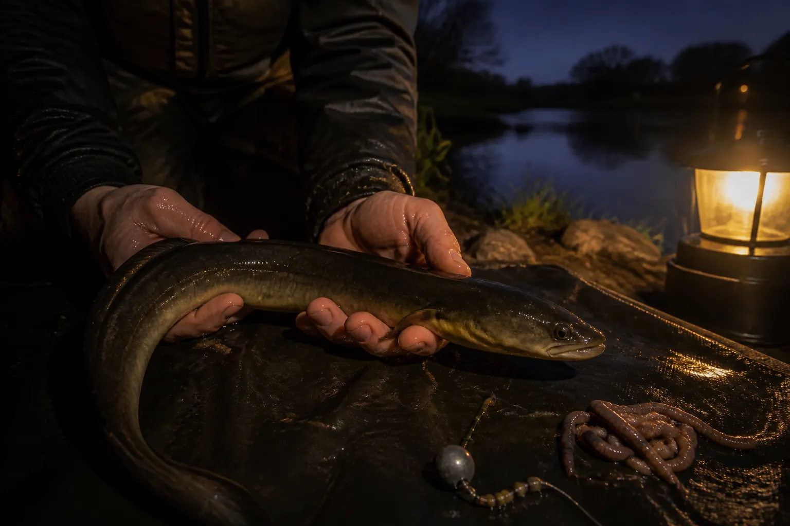 Frisch gefangener Aal in nassen Händen eines Anglers bei Nacht, mit Tauwürmern und Grundmontage im Hintergrund