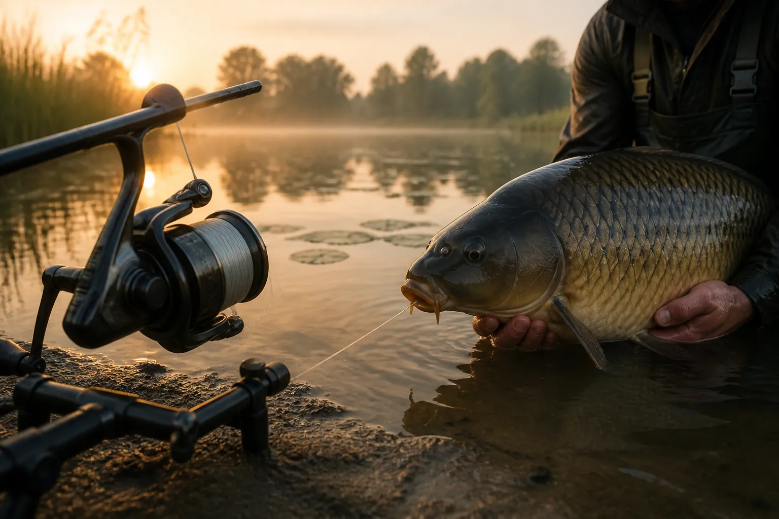 Monofile Karpfenschnur auf einer Angelrolle mit frisch gedrilltem Karpfen über der Wasseroberfläche beim Morgengrauen