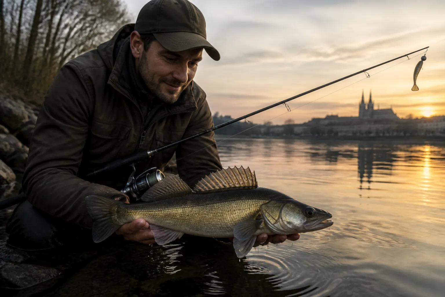 Angler hält eine Spinnrute bis 100 Euro am Ufer und präsentiert einen frisch gefangenen Zander