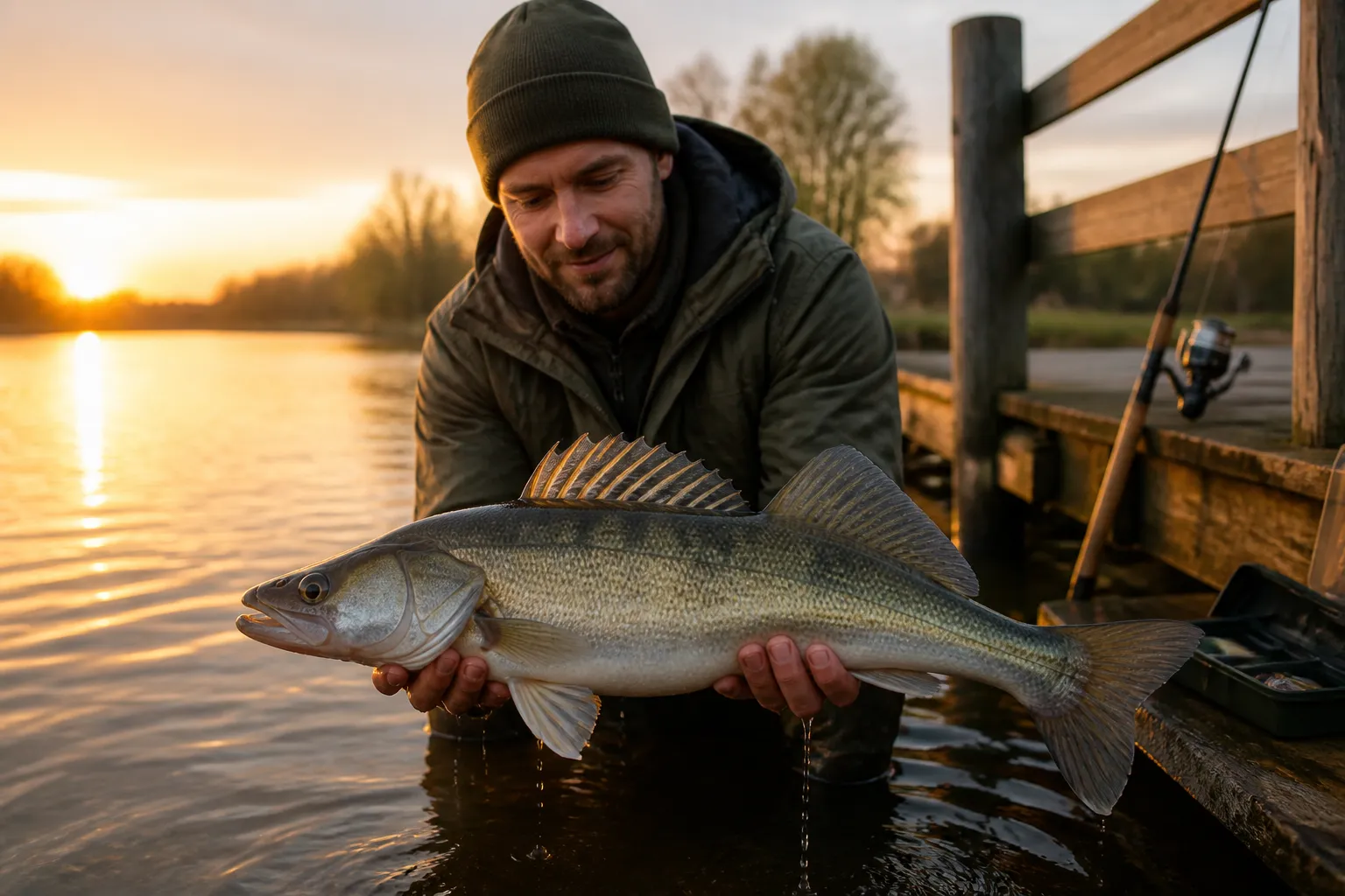 Angler hält einen frisch gefangenen Zander über dem Wasser an einem deutschen Fluss bei Abendlicht