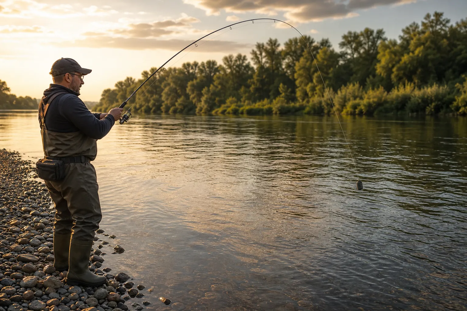 Angler beim Feederangeln am Fluss mit gespannter Feederrute und Strömungskorb