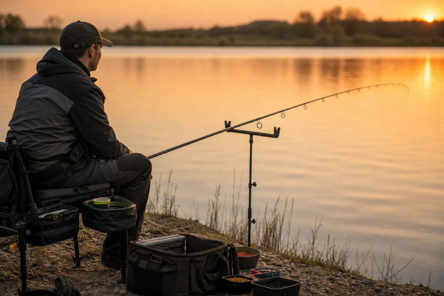 Angler beim Feederangeln an einem Baggersee mit gespannter Quivertip-Rutenspitze