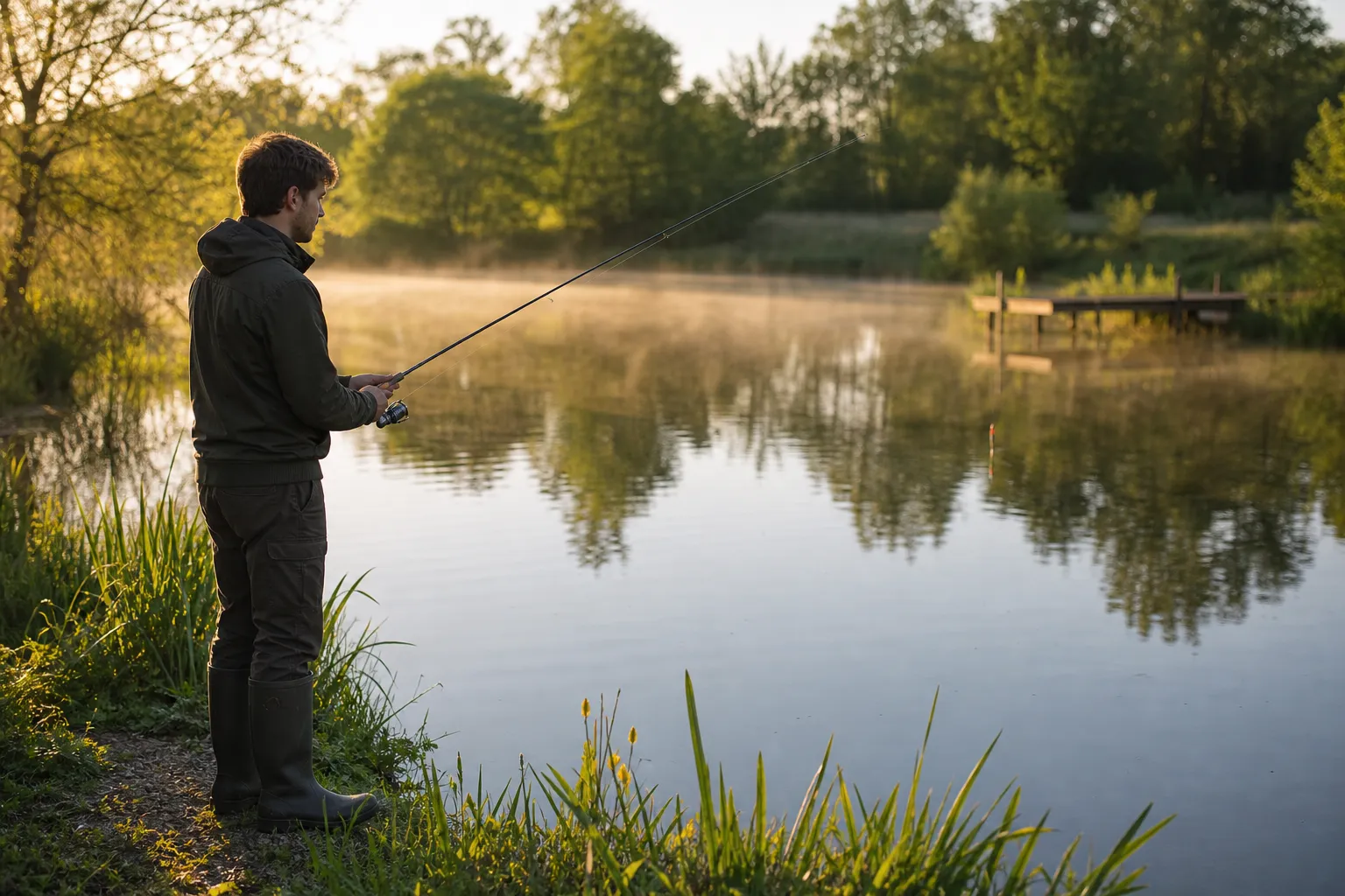 Angler am Forellenteich mit Posenangel am frühen Morgen