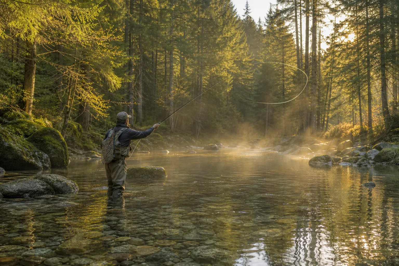Fliegenfischer steht in einem klaren Schwarzwaldbach beim Bachforellenangeln im Morgenlicht