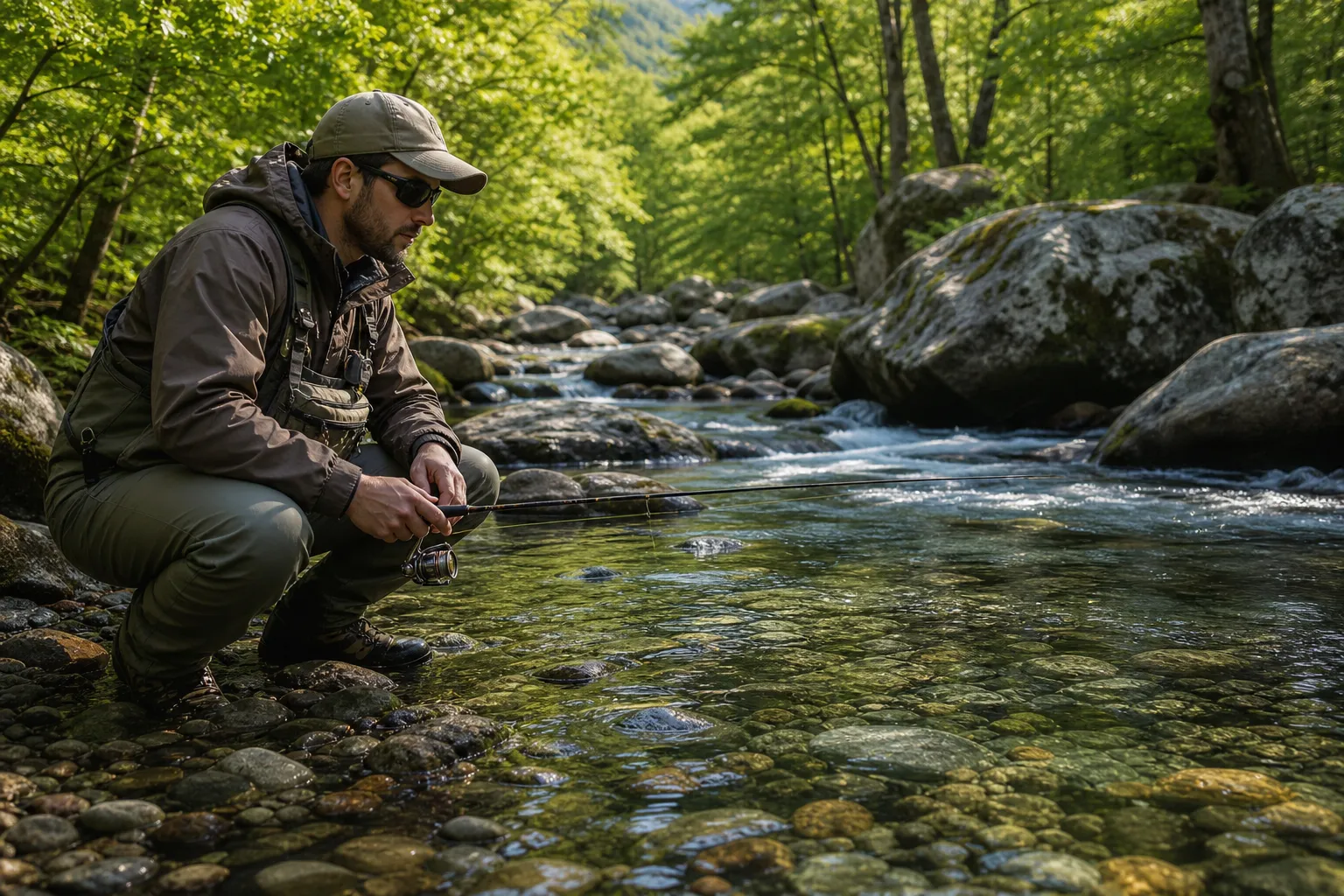 Angler kniet am Bachufer und beobachtet mit Polarisationsbrille das klare Bachwasser beim Forellenangeln
