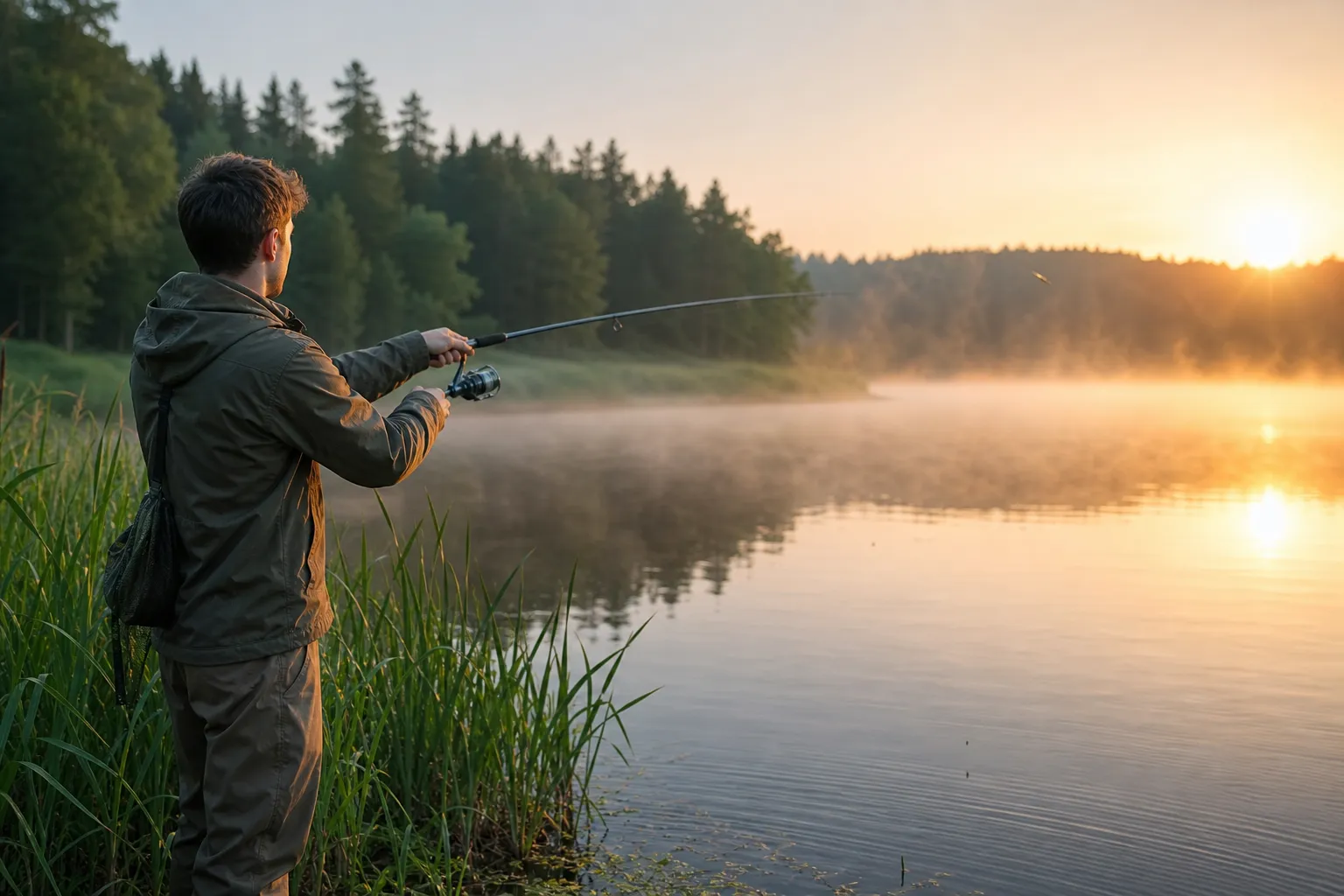 Junger Angler beim Forellenangeln an einem ruhigen deutschen Forellensee am frühen Morgen