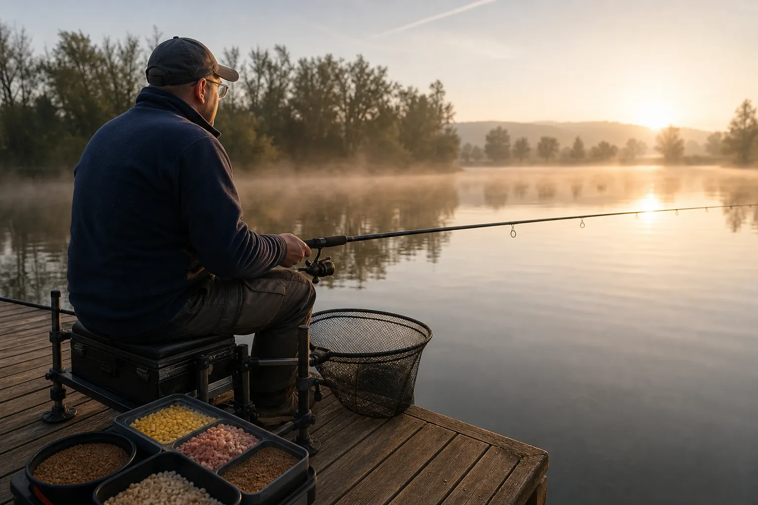 Angler beim Friedfischangeln mit Feederrute an einem deutschen See im Morgengrauen