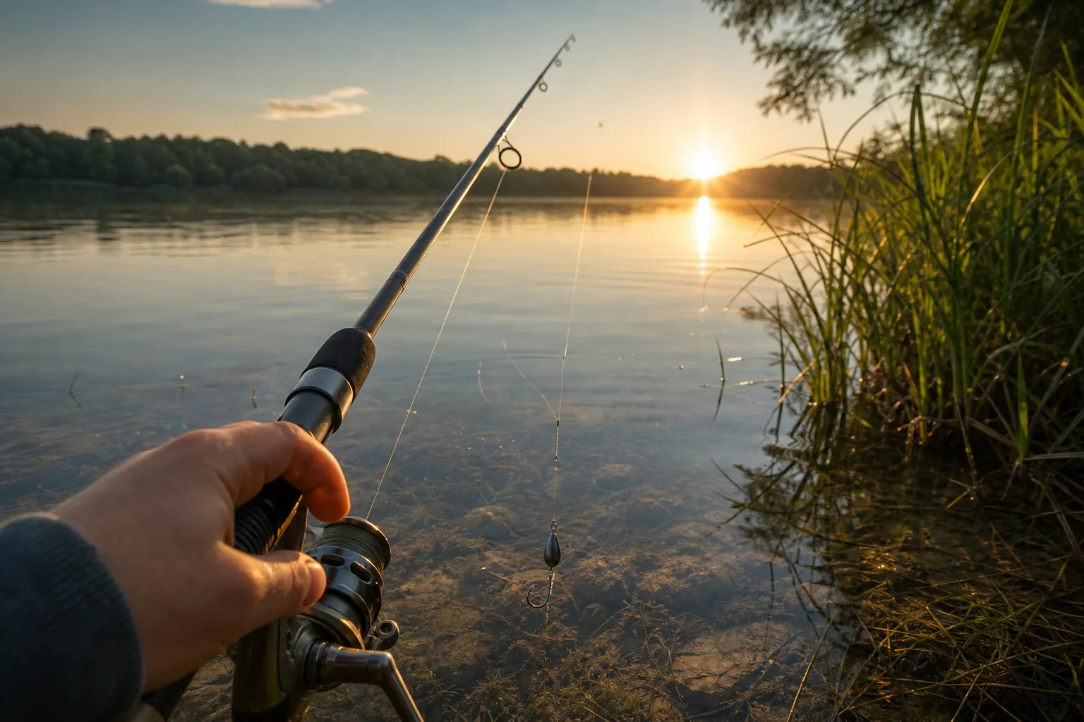 Grundangeln für Anfänger am ruhigen See mit einfacher Grundmontage