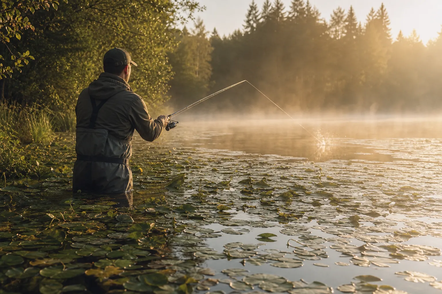 Angler wirft Oberflächenköder in ein Seerosenbett beim Hechtangeln im Sommer in der Morgendämmerung