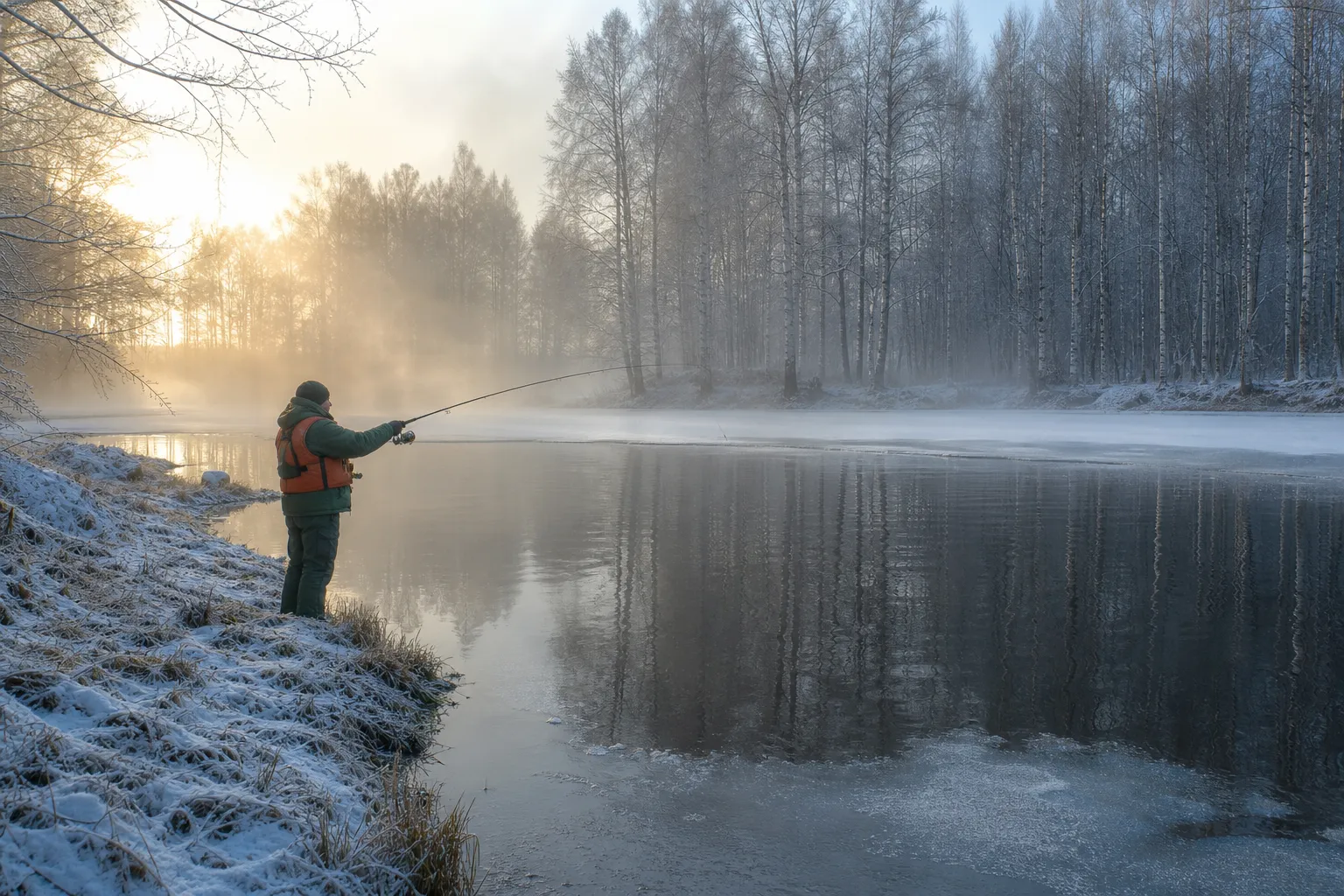 Angler beim Hechtangeln im Winter am teilweise zugefrorenen See
