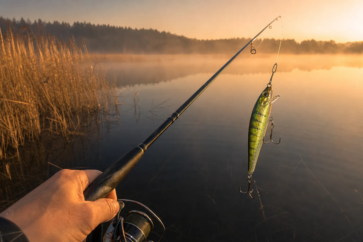 Angler wirft Wobbler beim Hechtangeln am frühen Morgen am See