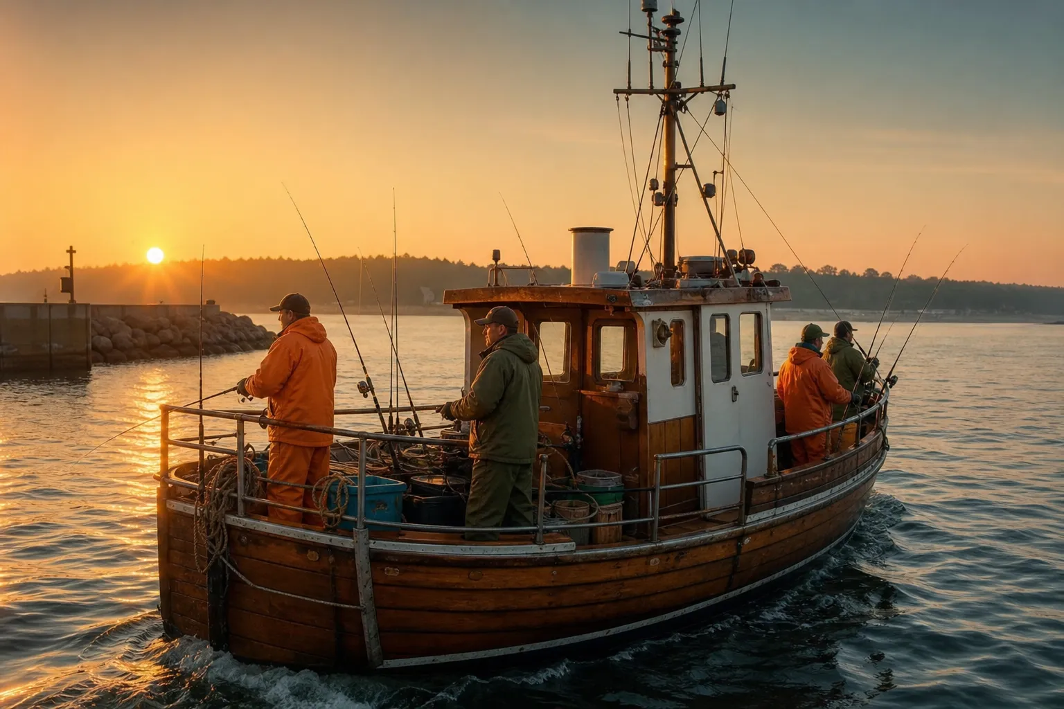 Angelkutter verlässt bei Sonnenaufgang einen Ostseehafen mit Anglern an Bord