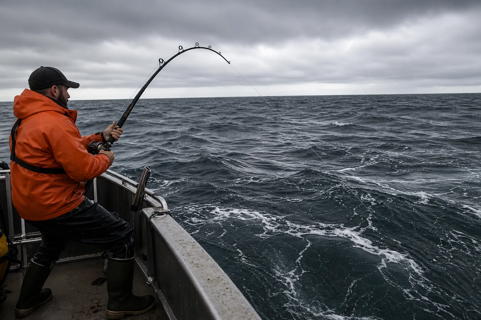 Angler auf Hochseekutter in der Nordsee beim Drill eines großen Fisches