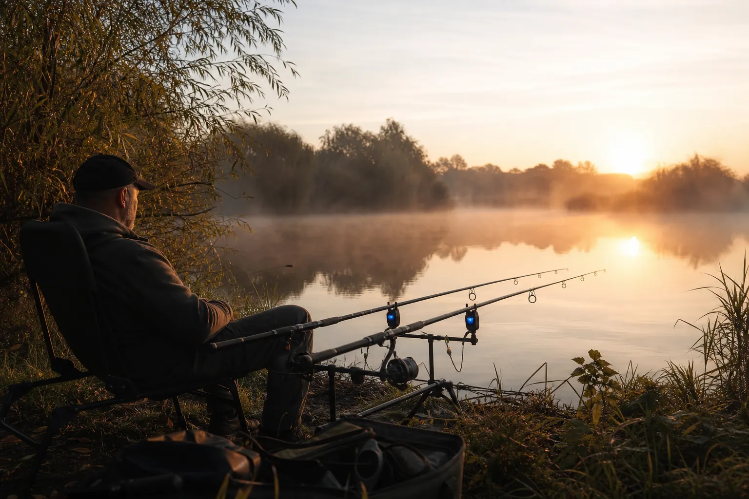 Karpfenangler am frühen Morgen an einem deutschen See mit zwei Ruten und Bite-Alarms