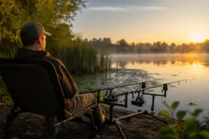 Anfänger beim Karpfenangeln am frühen Morgen mit Ruten und Bissanzeigern am Teich