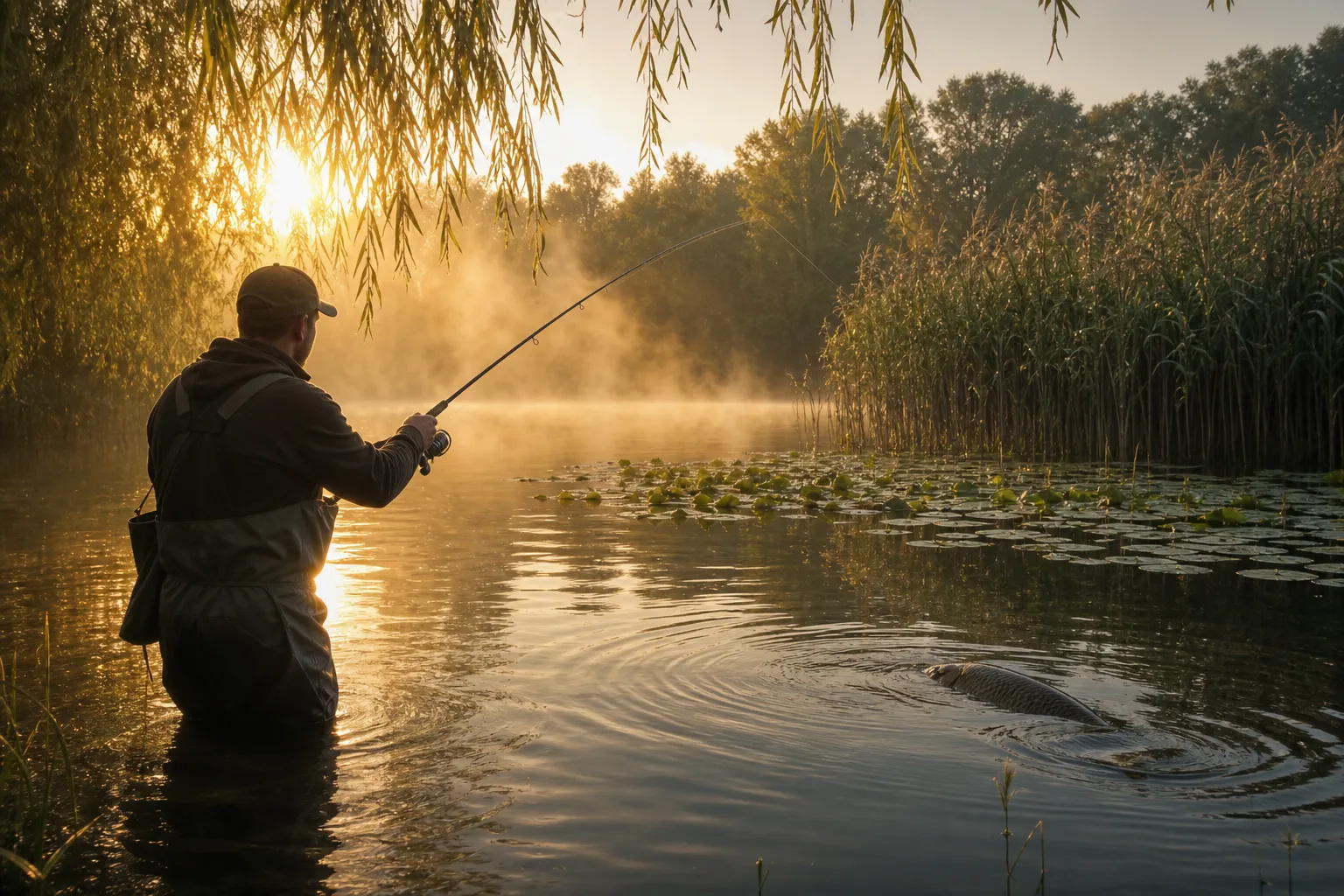 Angler beim Karpfenangeln im Sommer an einem bayerischen See bei Morgendämmerung