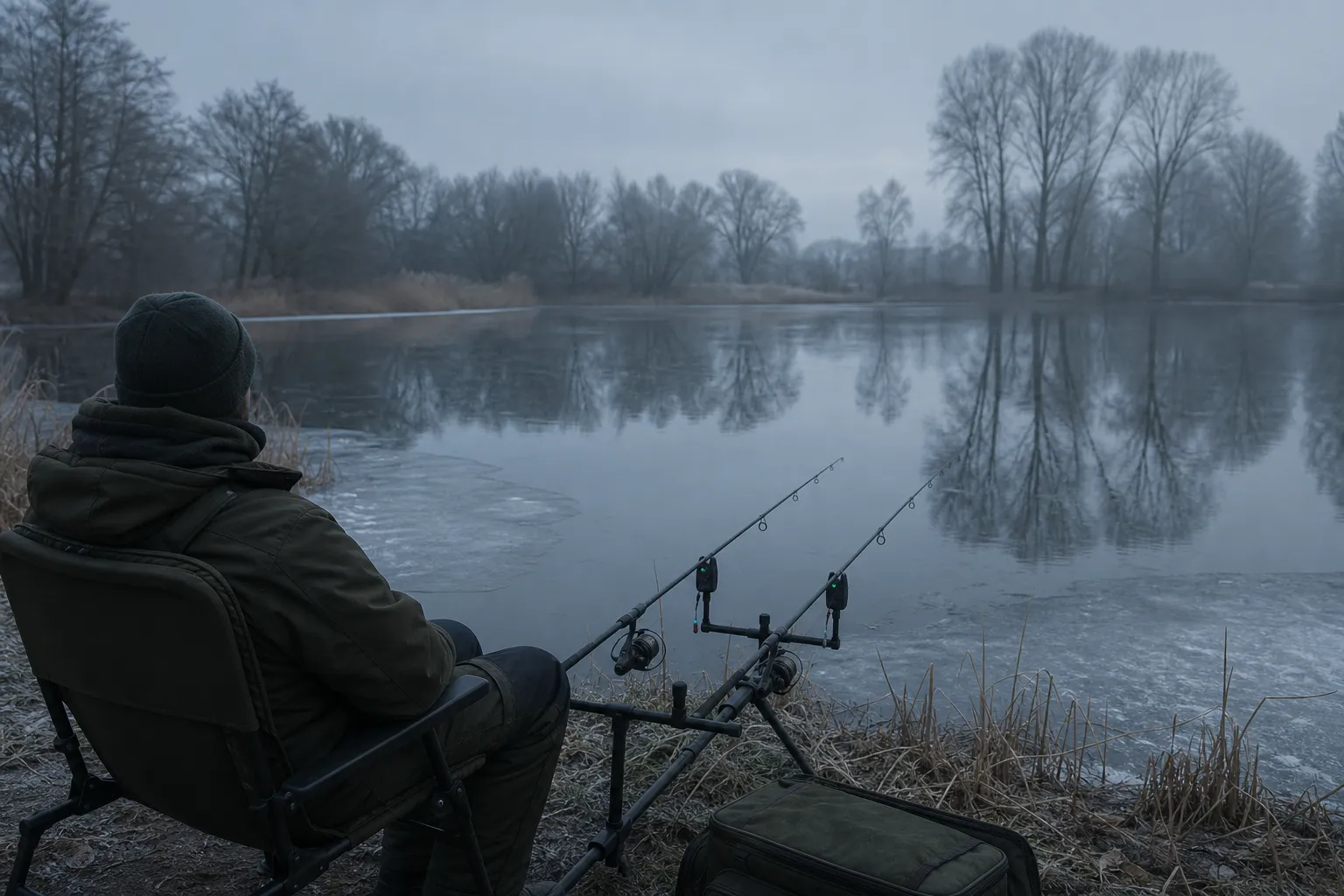 Karpfenangler im Winter am See mit Bivvy und Bissanzeigern bei Frost