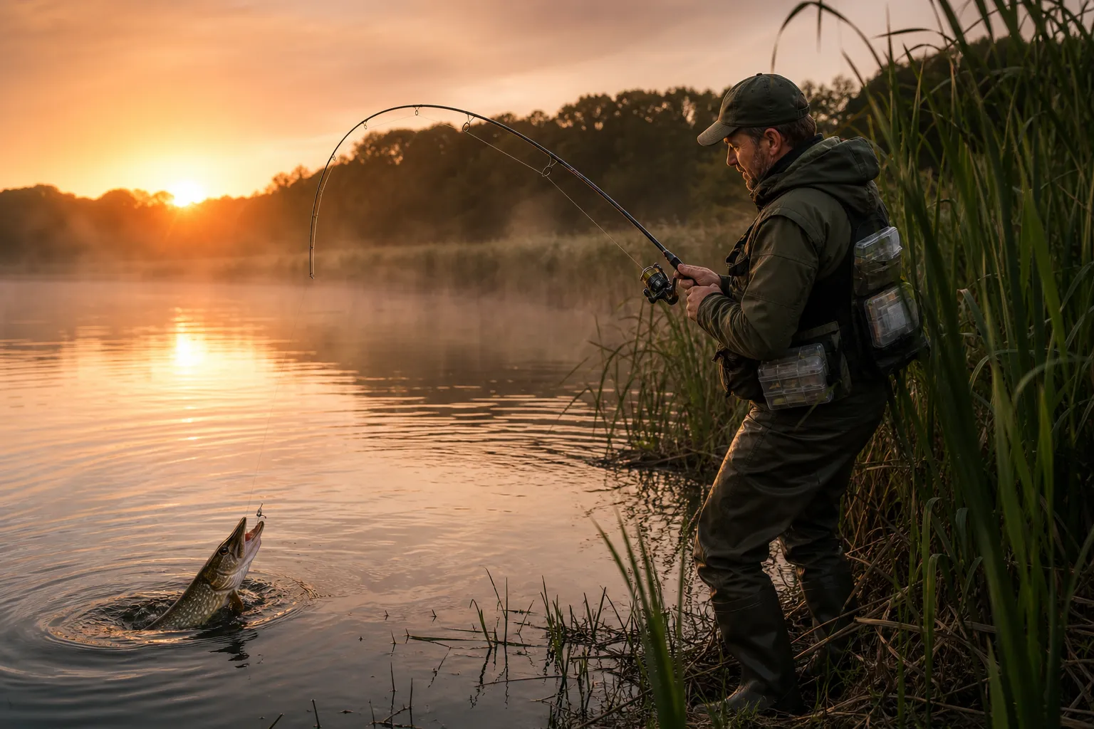 Angler beim Hechtangeln an einem deutschen See bei Sonnenaufgang mit gebogener Spinnrute
