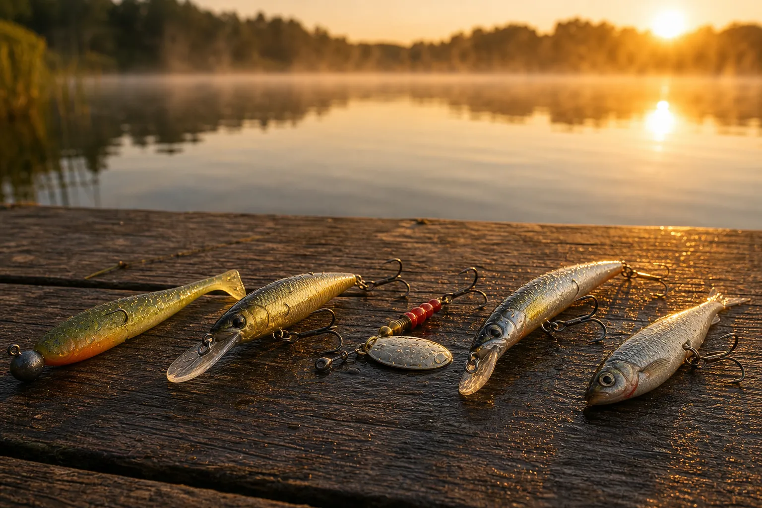 Verschiedene Hechtköder auf einem Holzsteg am See – Gummifisch, Wobbler, Spinner, Jerkbait und toter Köderfisch im Vergleich