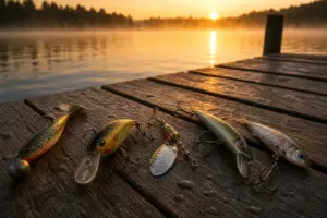 Verschiedene Hechtköder auf einem Holzsteg am See – Gummifisch, Wobbler, Spinner, Jerkbait und toter Köderfisch im Vergleich