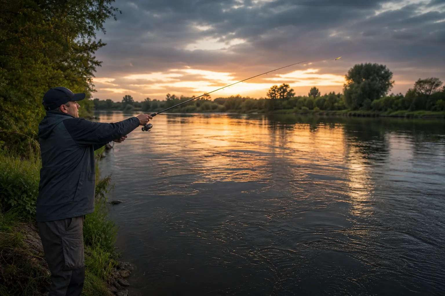 Angler beim Zanderangeln mit Gummifisch am Jigkopf an einem deutschen Fluss in der Dämmerung
