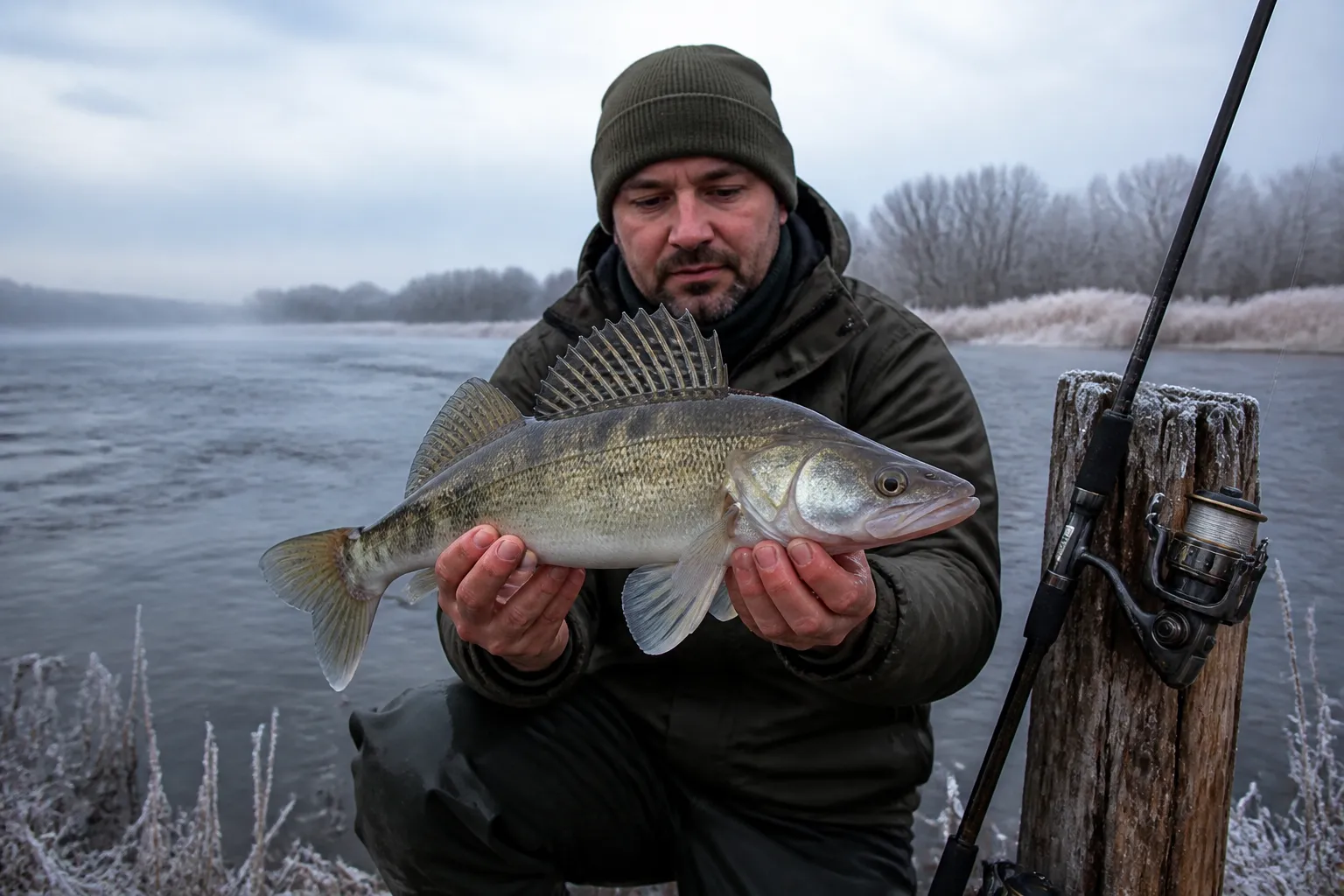 Angler hält einen frisch gefangenen Winterzander über einem nebligen Fluss im Winter