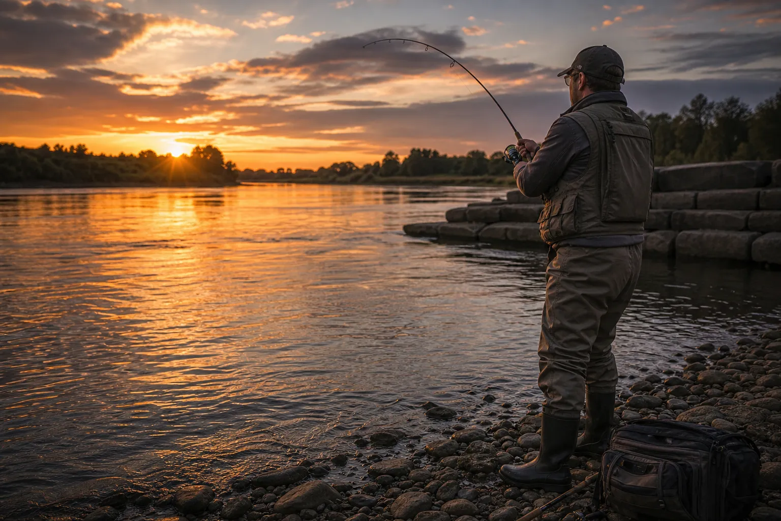 Angler beim Zanderangeln an einer Buhne am Fluss in der Abenddämmerung
