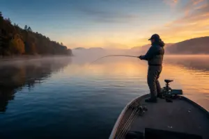 Angler beim Zanderangeln vom Boot bei Morgendämmerung an einer Unterwasserkante