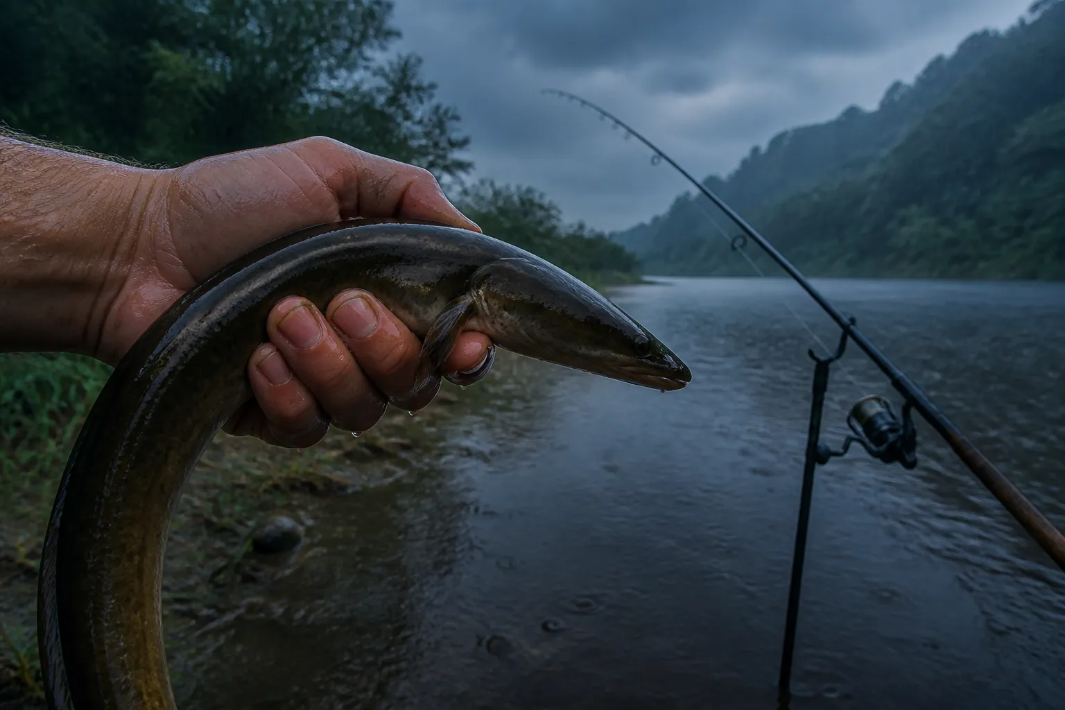 Angler hält einen frisch gefangenen Aal bei Regenwetter am Flussufer in der Hand