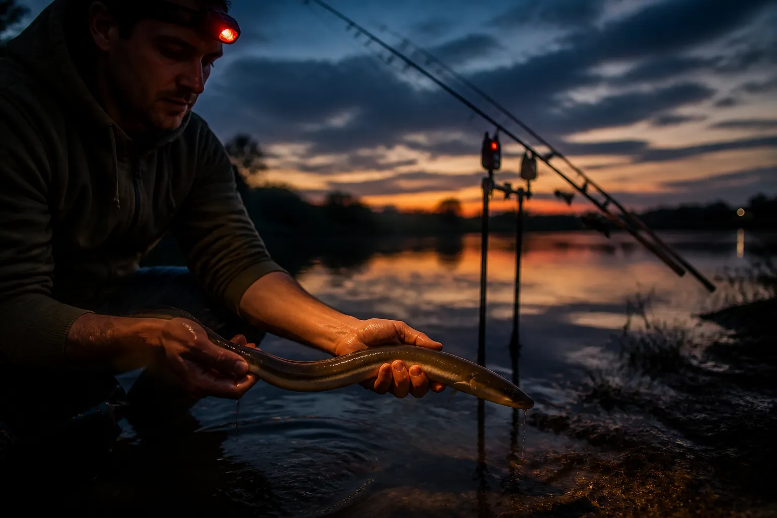 Angler hält einen frisch gefangenen Aal an einem deutschen Flussufer in einer Sommernacht