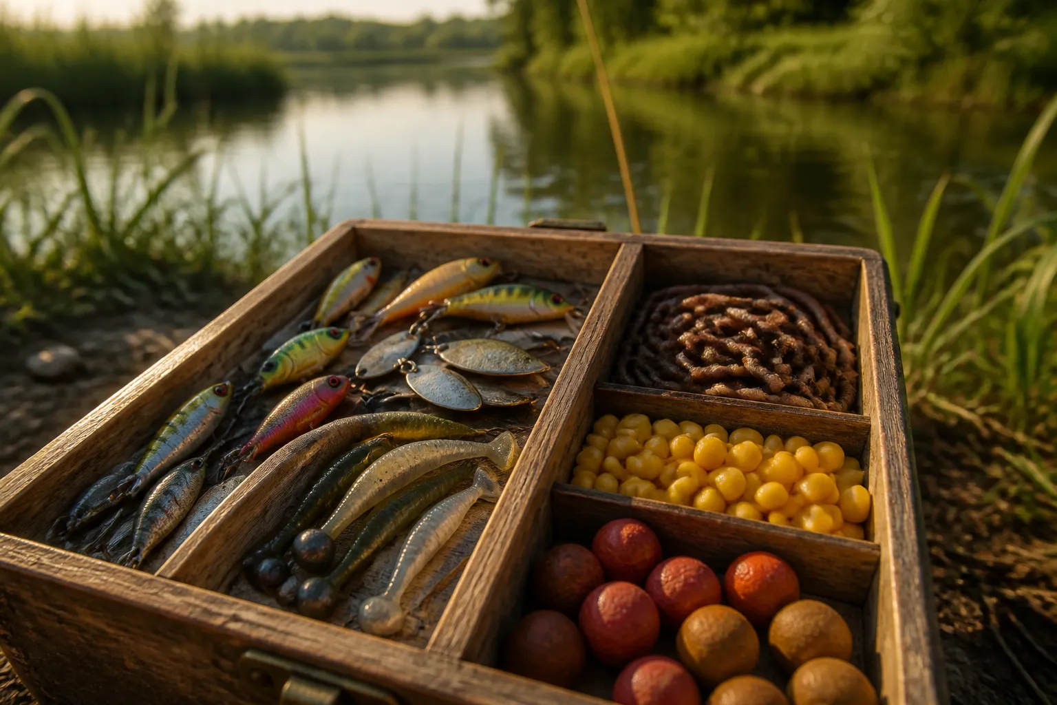 Angelköder Übersicht: Geöffnete Angelbox mit Naturködern (Würmer, Mais, Boilies) und Kunstködern (Wobbler, Spinner, Gummifische) nebeneinander am Flussufer