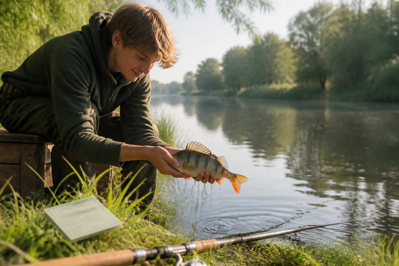 Junger Angler hält einen frisch gefangenen Flussbarsch über dem Wasser, daneben liegt der deutsche Fischereischein