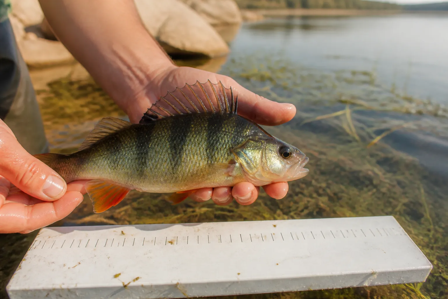 Angler hält einen Flussbarsch neben einer Messschiene – Barsch Mindestmaß in Deutschland prüfen