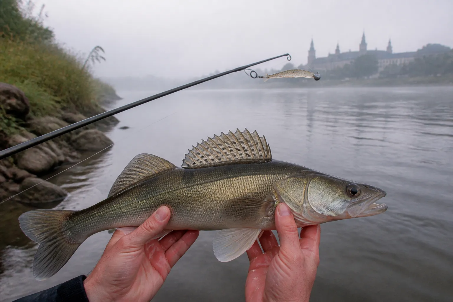 Angler hält einen frisch gefangenen Zander über dem Wasser, im Hintergrund eine Jigrute und ein nebelverhangener Fluss
