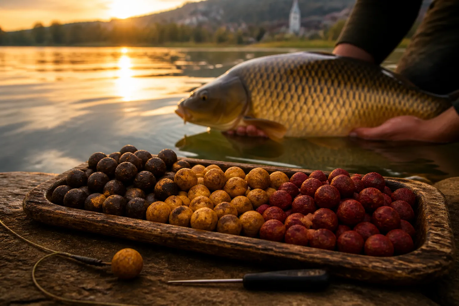 Verschiedene Karpfen-Boilies auf einem Holztablett mit Hair-Rig-Montage, im Hintergrund ein Angler hält einen Karpfen über dem Wasser