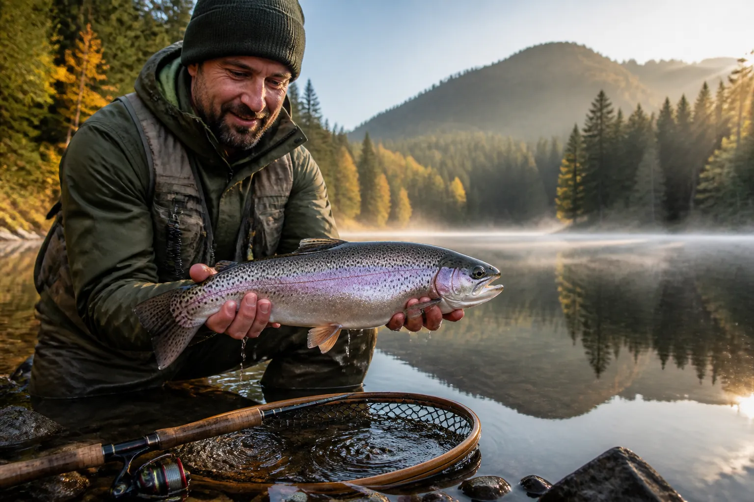 Angler hält eine frisch gefangene Regenbogenforelle an einem klaren deutschen Gebirgssee im Herbst