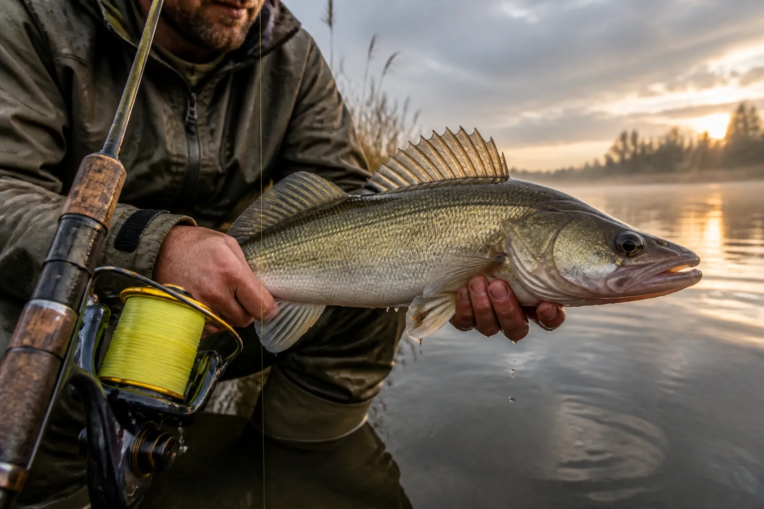 Angler hält einen frisch gefangenen Zander in den Händen, im Vordergrund Spinnrolle mit gelber geflochtener Schnur