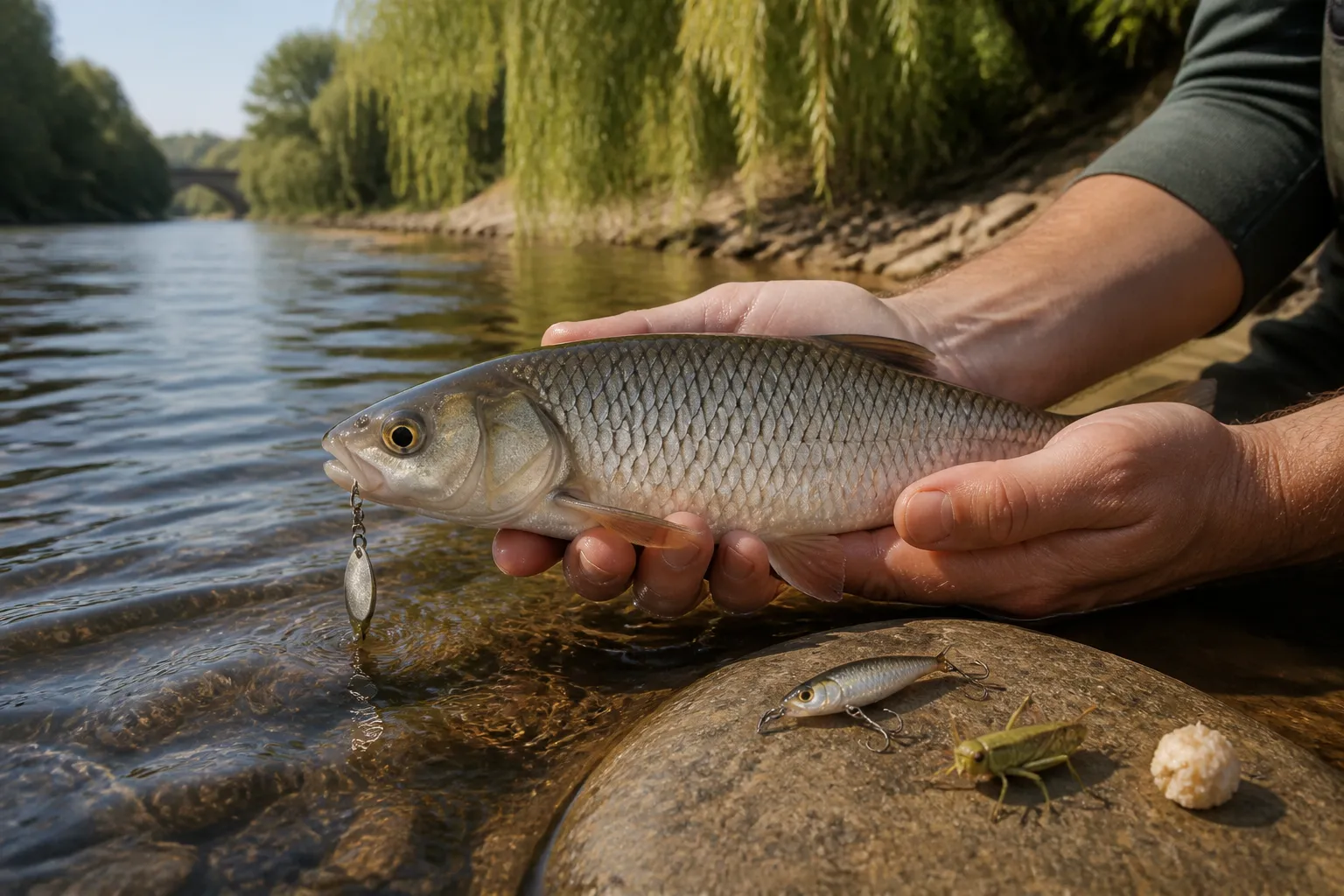 Frisch gefangener Döbel in Händen des Anglers an einem europäischen Fluss mit Spinner und Döbelködern auf Stein
