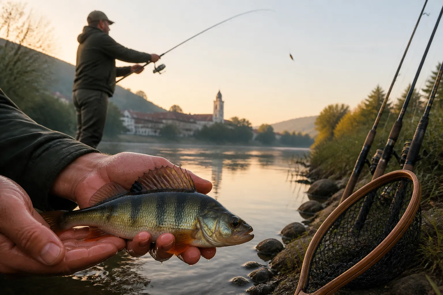 Angler beim Spinnfischen am See hält einen frisch gefangenen Flussbarsch – passende Spinnrute und Kunstköder im Vordergrund