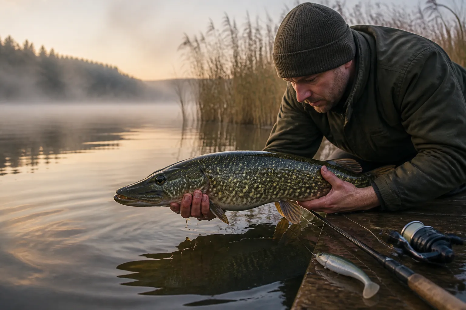 Angler hält frisch gefangenen Hecht über dem Wasser mit Spinnrute und Gummifisch-Köder im Vordergrund