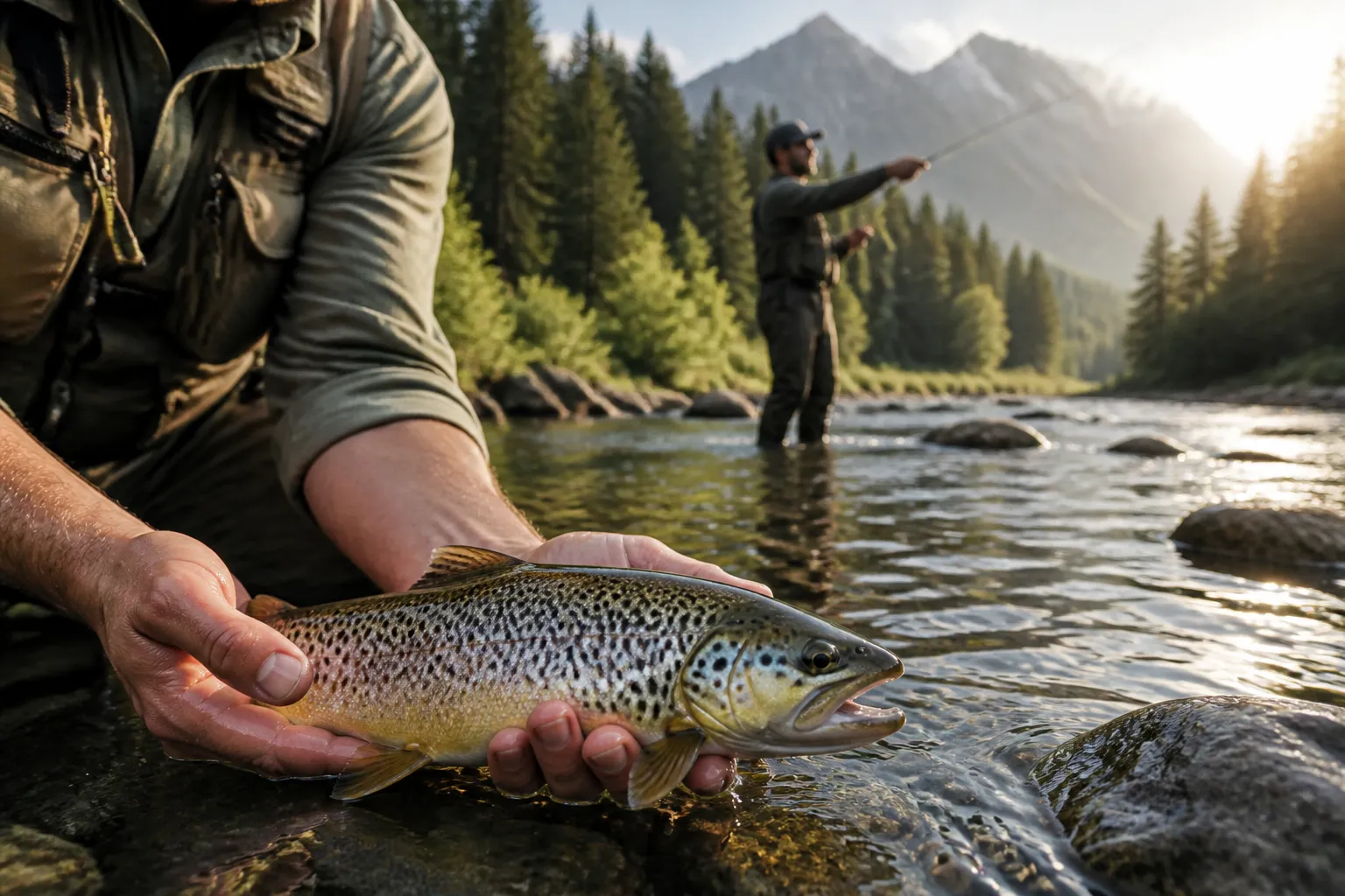 Fliegenfischer in atmungsaktiver Brustlatz-Wathose steht in einem Alpenbach und hält eine Bachforelle kurz über das Wasser