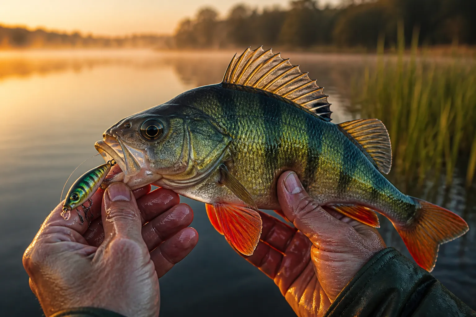 Angler hält einen frisch gefangenen Barsch mit einem kleinen Wobbler im Maul über dem Wasser